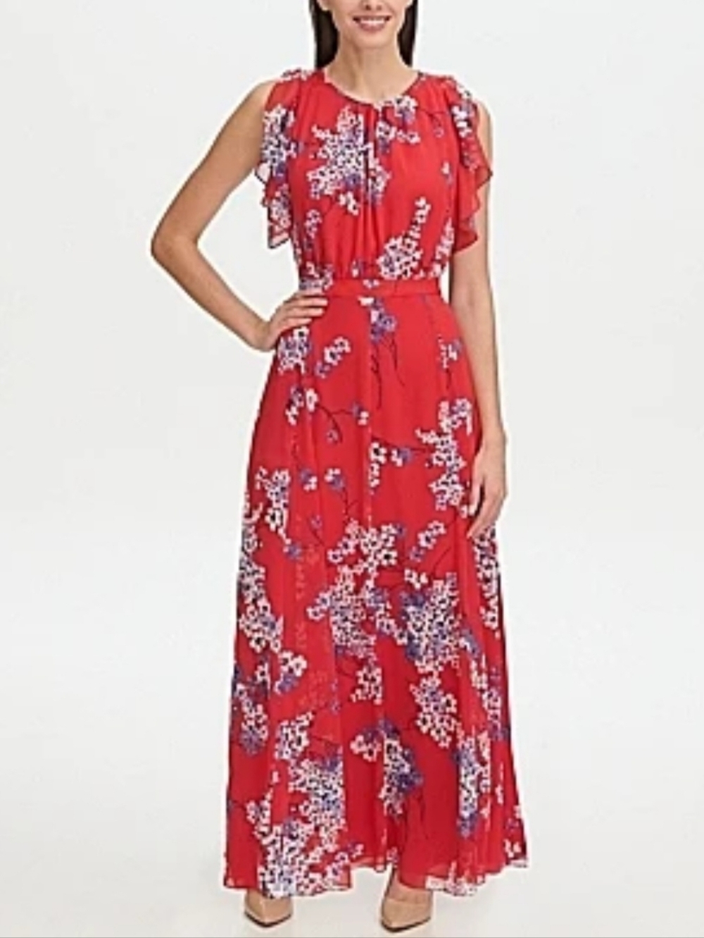 Tommy Hilfiger Red Floral Maxi Dress with Ruffled Shoulders